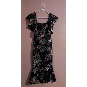 Floral Ruffle Sleeve Dress - Black and White